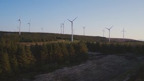 Aerial Drone Footage Of Wind Power Generating Mills In Field