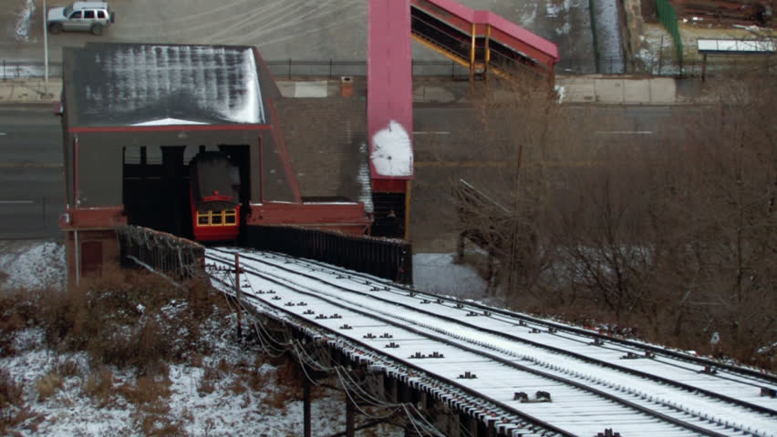 A time-lapse shot of the Duquesne Incline cars traveling up and down Mt.