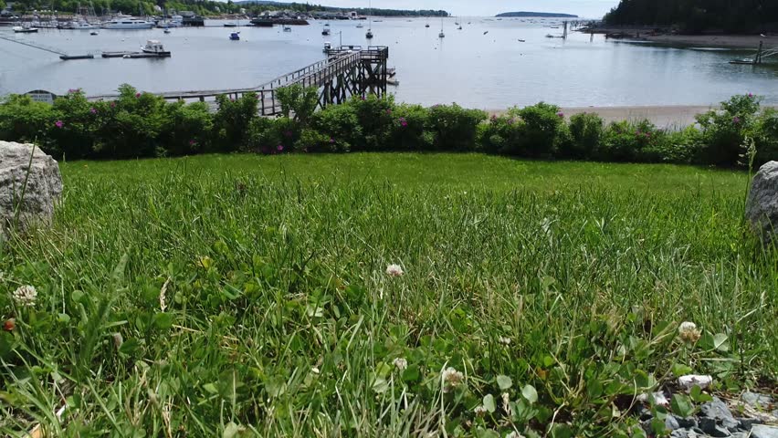 A moving aerial view rising over the dock, harbor and inland waterway at Southwest Harbor on Mount Desert Island, Maine 