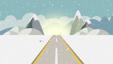 ride through a cartoon highway seamless loop. Animated snow road at snowy day with snow fall with space for your object, text or logo Seamlessly loop. Colorful cartoon nature background full hd and 4k