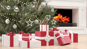 Gift Box and christmas tree  on fireplace background