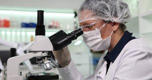 Chemistry Lab, Scientist Woman Working Studying with Microscope Medical Tests 4K