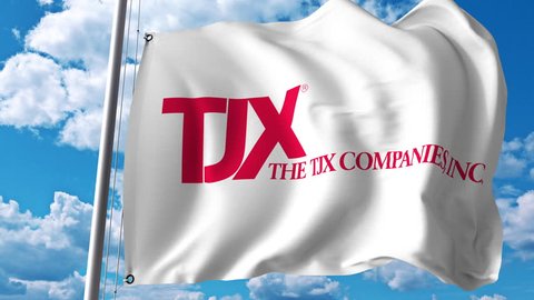 Waving flag with Tjx Companies logo. 4K editorial animation