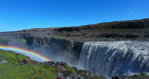 Huge Waterfall With Rainbow Mist - Aerial footage of the Dettifoss Falls In Iceland