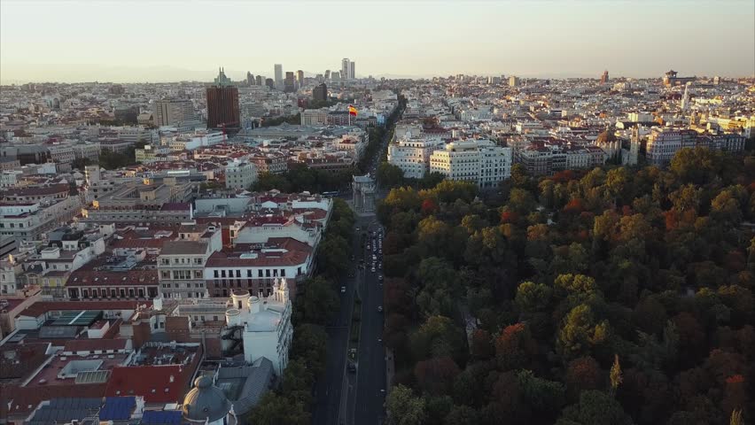 Fly over the evening Madrid with a view of the house and the road Royalty-Free Stock Footage #29422774