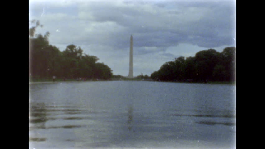 Washington DC, Washington Monument reflecting in Reflecting Pool. Focus shifting. 8mm film footage. Filmed on super8 film tape with Super8 camera