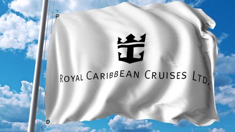 Waving flag with Royal Caribbean Cruises Ltd logo. 4K editorial animation