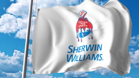 Waving flag with Sherwin Williams logo. 4K editorial animation