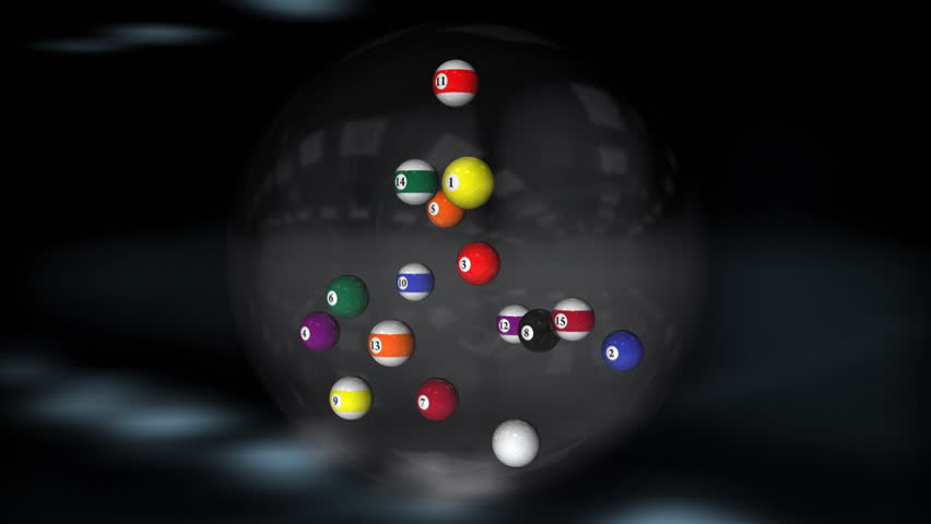 Billiard balls flying in a glass sphere with studio reflection