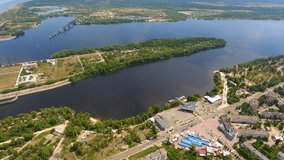 Aerial view of river Dnipro and town Kaniv. Beautiful landscape of Ukraine. Bird`s eye view.