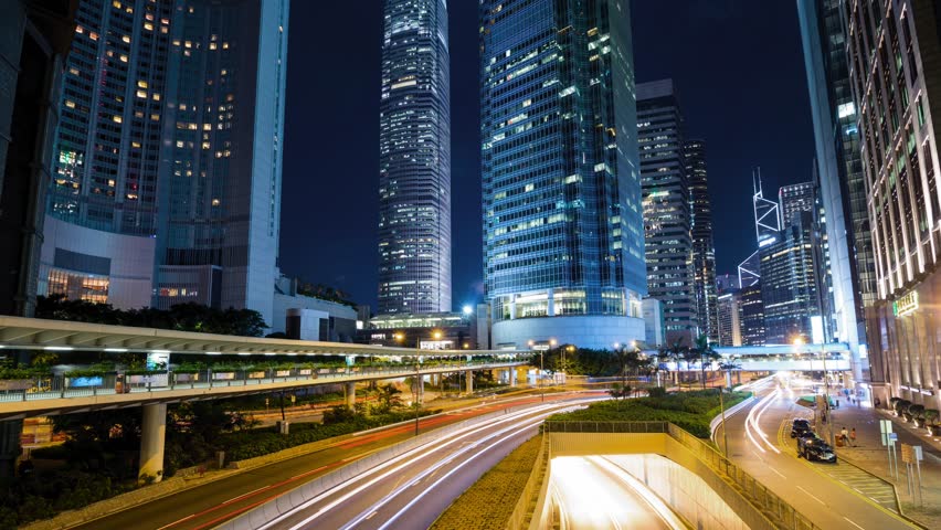 Lighted Up Roads at Night with skyscrapers in Hong Kong, China image ...