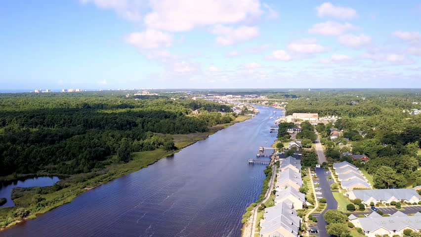 Aerial view of marina with lighthouse in South Carolina.