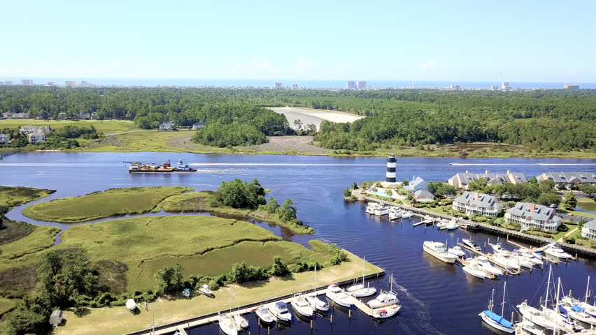 Aerial view of marina with lighthouse in South Carolina.