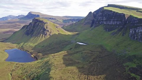 Cinematic flight over the Quiraing on the eastern face of Meall na Suiramach, Isle of Skye, Highland, Scotland, UK