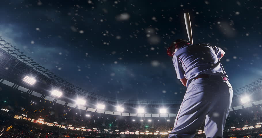 A male baseball player in action during the game on a professional baseball stadium. He wears unbranded sport clothes. The stadium is made in 3D.
