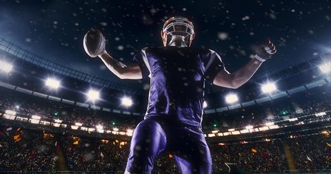 American football player is cheering on a professional sports stadium. He is wearing unbranded sport clothes. The stadium is made in 3D with animated crowd.