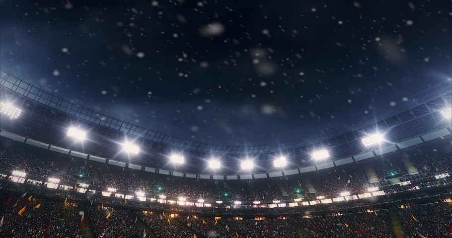 American football player jumps with a ball on a professional sports arena with bleaches full of people. Arena and people on it are made in 3D.