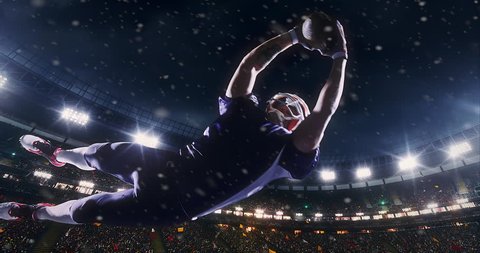 American football player jumps with a ball on a professional sports arena with bleaches full of people. Arena and people on it are made in 3D.