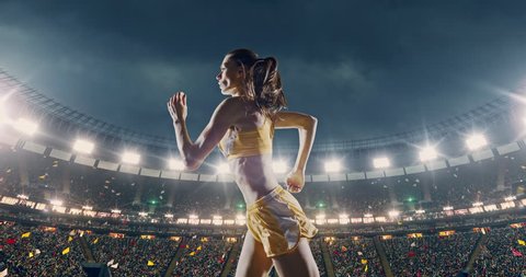 Track and field runner on the professional sports arena with bleaches full of people. Athlete wears unbranded clothes. Arena and people on it are made in 3D.