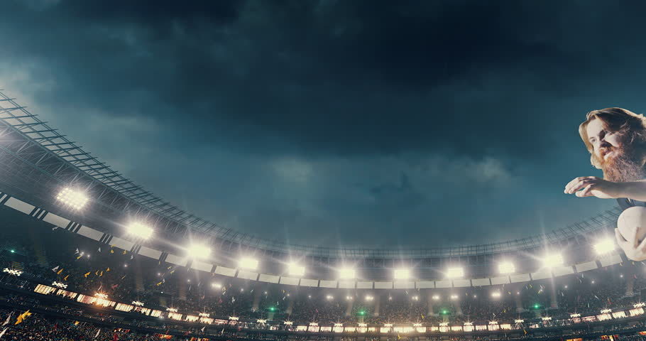 Rugby professional player is blocked with opposite player a professional sports arena with bleaches full of people. Arena and people on it are made in 3D.
