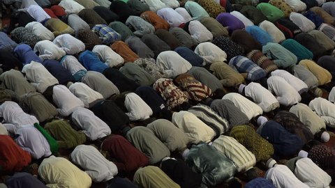 JAKARTA, INDONESIA - APRIL 2017: Indonesian Muslims perform Friday prayer in Jakarta mosque