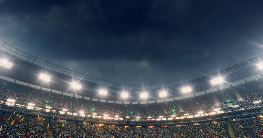American football player jumps with a ball on a professional sports arena with bleaches full of people. Arena and people on it are made in 3D.