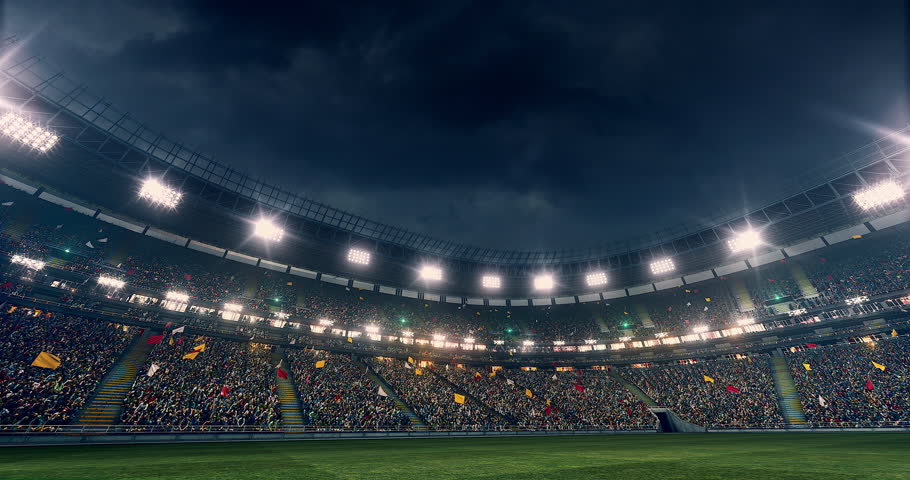 Sport stadium with full of spectators. The stadium was made in 3d without using existing references. The crowd and light on the stadium are animated.