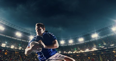 Professional rugby player jumps with a ball on a professional sports arena with bleaches full of people. Arena and people on it are made in 3D.