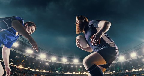 Rugby player is blocked by the opposite team player.  He wears unbranded sport clothes. The background is made in 3D.