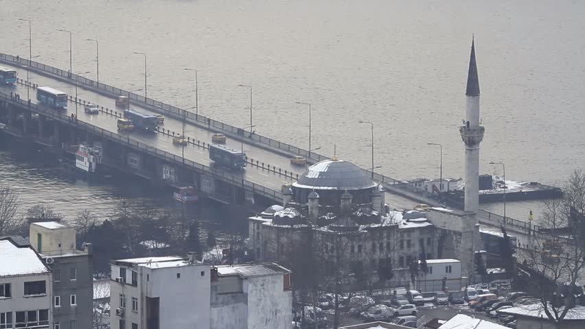 Unkapani bridge and Sokullu Mehmet Pasha Mosque in winter. Istanbul, Turkey
