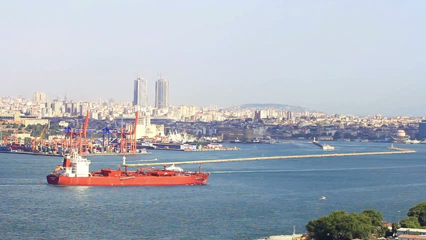 Bulk carrier ship sailing in front of Haydarpasa Seaport, Istanbul. Dry Cargo