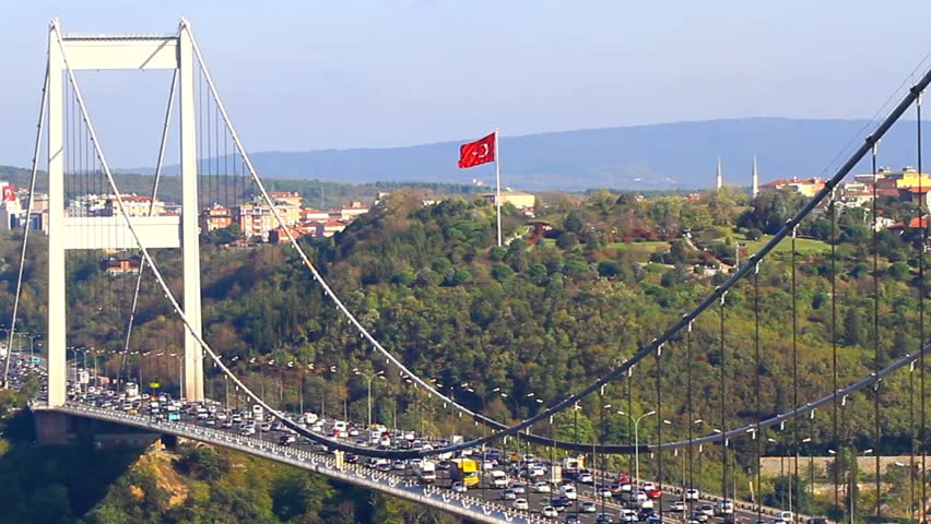 Trans European Motorway (TEM) traffic on the cable bridge. Highway on Fatih