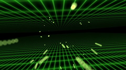Green grid entering at top and bottom of screen and moving in to infinity with green balls or particles  in middle of screen with black background and slow rotation around centre. 