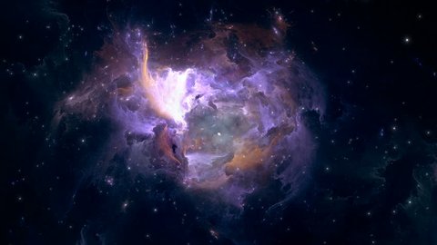 Flying through nebula and star fields after the supernova explosion in deep space.