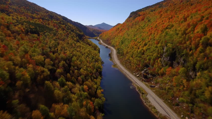Aerial view flying through the Cascade Lakes in the Adirondacks, Upstate NY. Fall 2016