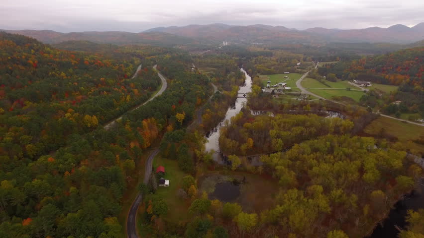 Aerial shot of small rural town upstate NY, Fall 2016.