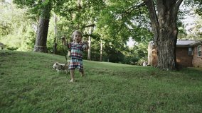 Cheerful little boy running with his dog 4k