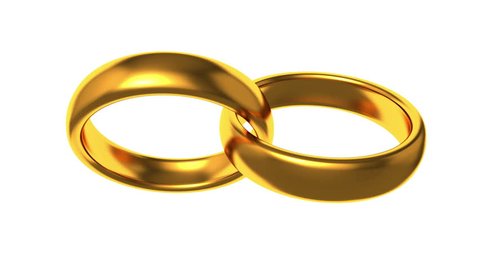 Two Golden Wedding rings rotating together on white background around axis. Jewelry concept video. 3D Animation