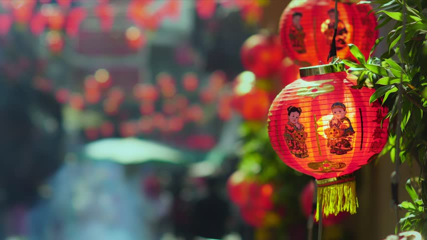 Chinese new year lanterns in china town. Ancestor Worship on Chinese New Year and burning paper gold. Royalty-Free Stock Footage #29505850