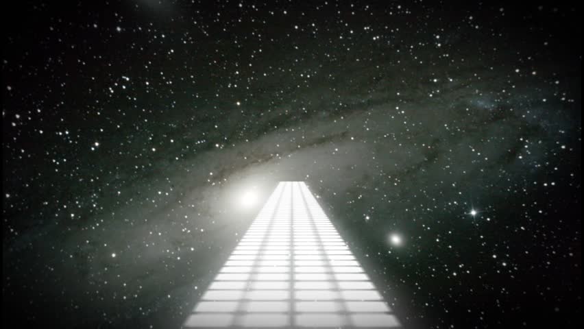 Moving glowing continuous space walk through universe galaxy stars and planets looks electronic scientific leading to infinity or limbo and into the darkness 