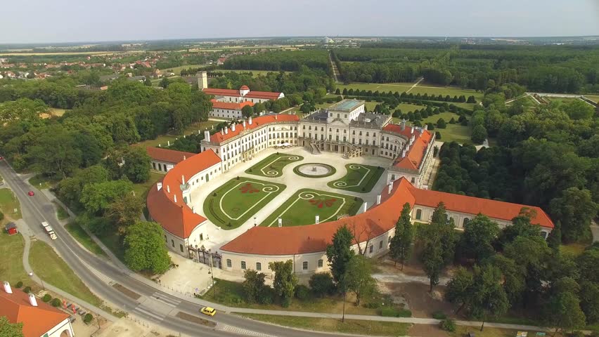 Aerial view of Esterhazy Castle in Ferod, Hungary. 4K stock footage. 