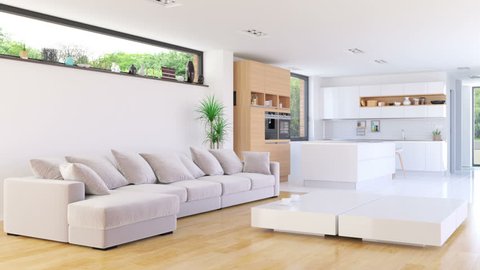 Livingroom house interior with Kitchen