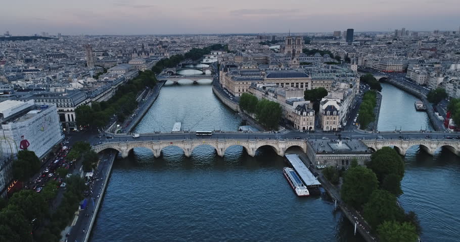 Aerial view of Paris with Seine river during sunset