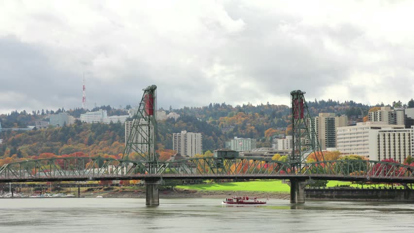 Portland Oregon Downtown with Hawthorne Bridge on Willamette River in Colorful Autumn Season Timelapse 1920x1080