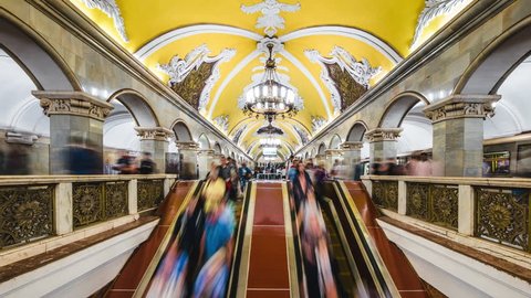 Moscow, Russia - July 25, 2017: Moscow metro time lapse view, commuters at subway station during rush hour in Moscow, Russia.