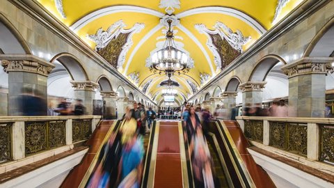 Moscow, Russia - July 25, 2017: Moscow metro time lapse view, commuters at subway station during rush hour in Moscow, Russia. Zoom out.