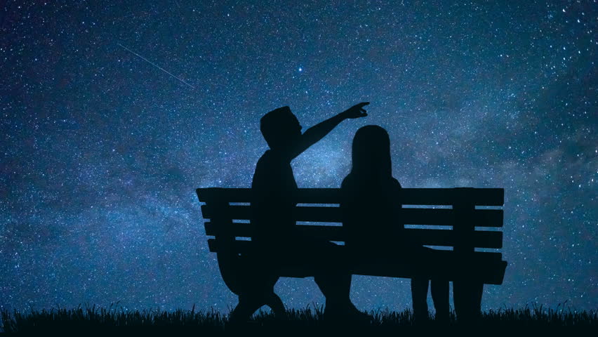 The couple sit on a bench on the background of a stars. night time, time lapse Royalty-Free Stock Footage #29556907