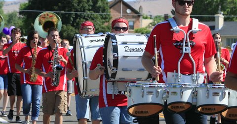 FOUNTAIN GREEN, UTAH - 16 JUL 2017: Rural high school marching band parade. Fourth of July, American celebration for freedom in small rural town. Parade reflects community values and family morals.