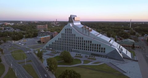 Aerial panoramic view of the National library in Riga, Latvia