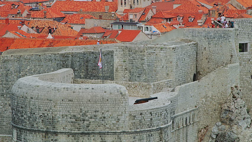 Dubrovnik old town walls with a fortress Bokar in the front, Croatia.